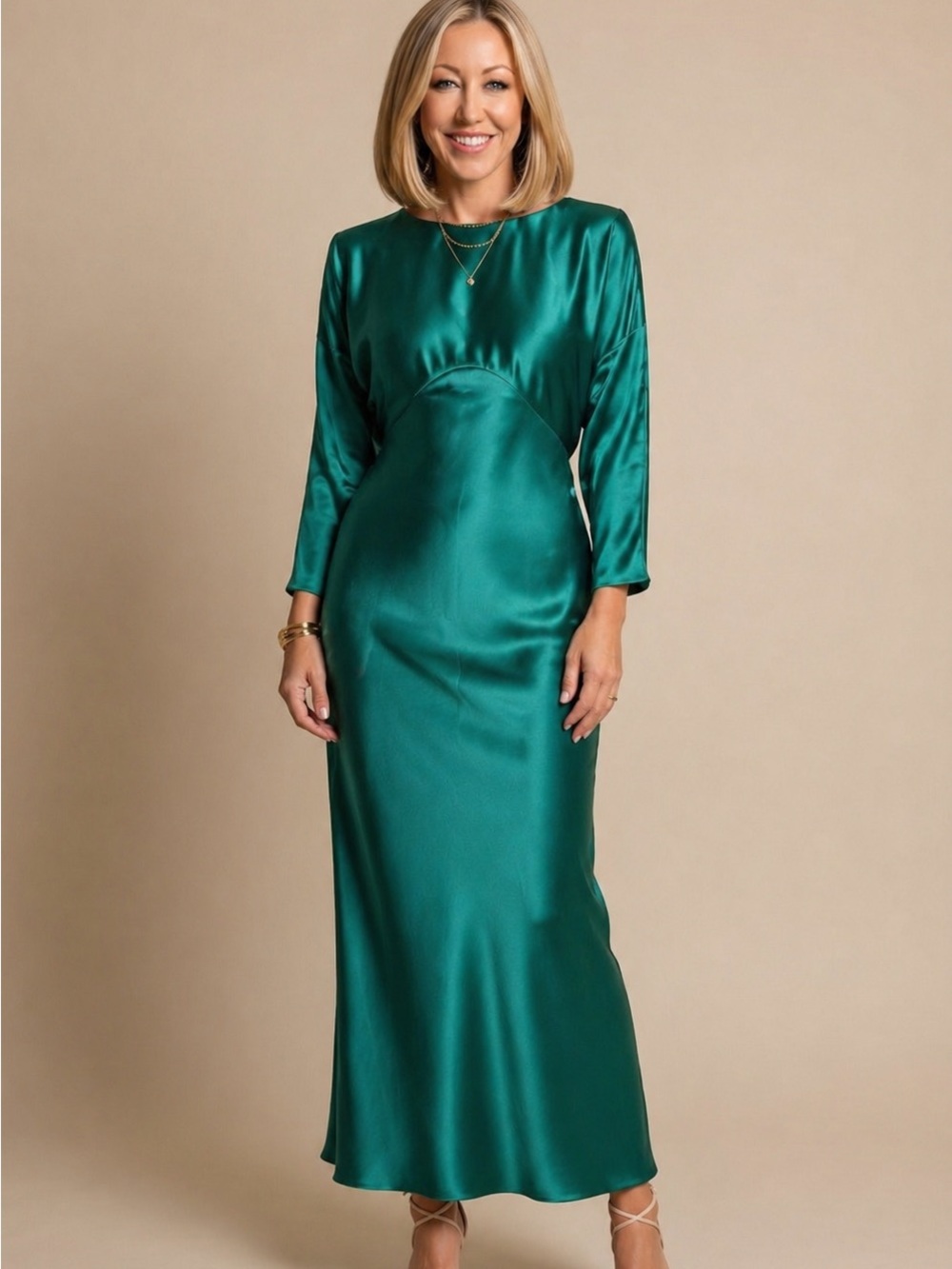 Emerald Satin Long Sleeve Maxi Dress